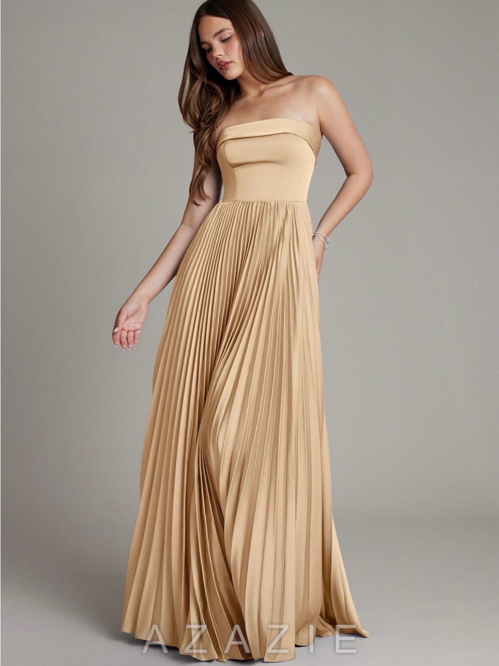 Azazie Mariana Strapless Pleated Maxi Dress in Champagne